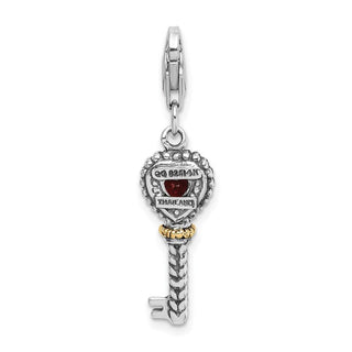 Sterling Silver w/14k Yellow Gold Garnet Antiqued Key w/Lobster Clasp Charm