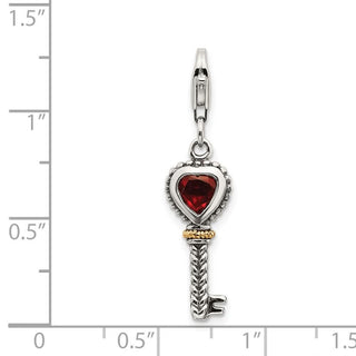 Sterling Silver w/14k Yellow Gold Garnet Antiqued Key w/Lobster Clasp Charm
