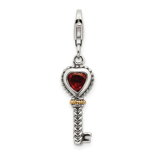 Sterling Silver w/14k Yellow Gold Garnet Antiqued Key w/Lobster Clasp Charm