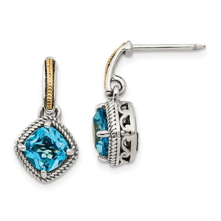 Sterling Silver w/14k Yellow Gold Antiqued Light Swiss Blue Topaz Post Earrings