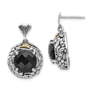 Sterling Silver w/14k Yellow Gold Onyx Post Dangle Earrings