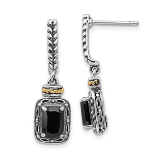 Sterling Silver w/14k Yellow Gold Antiqued Onyx Post Dangle Earrings QTC988
