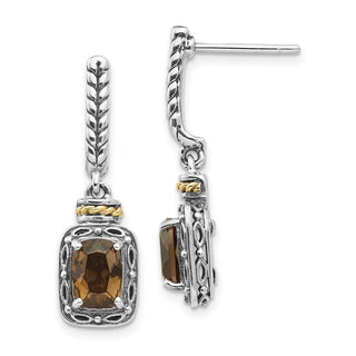 Sterling Silver w/14k Yellow Gold Antiqued Smoky Quartz Post Dangle Earrings QTC989
