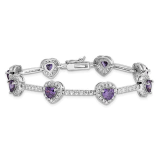 7" Sterling Silver Rhodium-plated Amethyst and Clear CZ Heart Bracelet