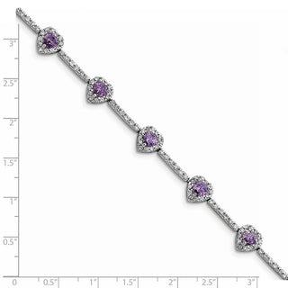 7" Sterling Silver Rhodium-plated Amethyst and Clear CZ Heart Bracelet