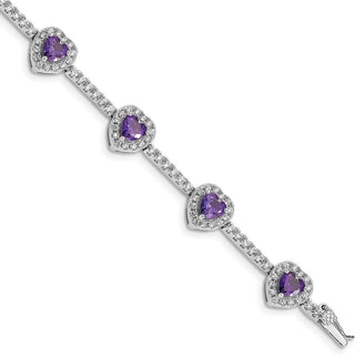 7" Sterling Silver Rhodium-plated Amethyst and Clear CZ Heart Bracelet