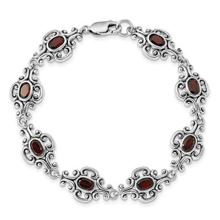 7.25" Sterling Silver Rhodium Plated Antiqued Garnet Bracelet