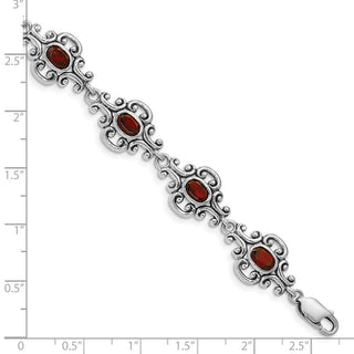 7.25" Sterling Silver Rhodium Plated Antiqued Garnet Bracelet