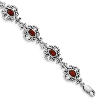 7.25" Sterling Silver Rhodium Plated Antiqued Garnet Bracelet
