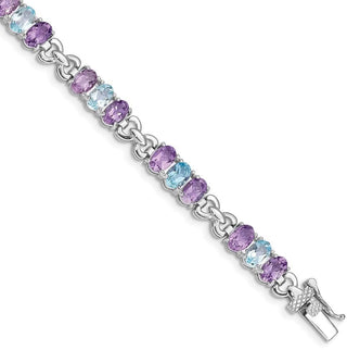 7.25" Sterling Silver Rhodium-plated Amethyst and Blue Topaz Bracelet