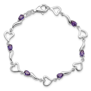 7" Sterling Silver & Amethyst Polished Fancy Heart Bracelet