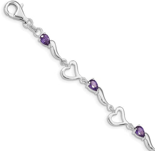 7" Sterling Silver & Amethyst Polished Fancy Heart Bracelet