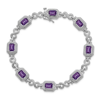 7" Sterling Silver Rhodium-plated Diamond & Amethyst Bracelet QX818AM