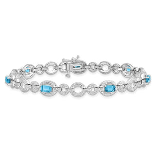 7" Sterling Silver Rhodium-plated Diamond & Light Swiss Blue Topaz Oval Bracelet