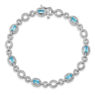 7" Sterling Silver Rhodium-plated Diamond & Light Swiss Blue Topaz Oval Bracelet