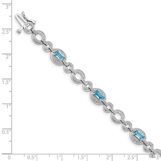 7" Sterling Silver Rhodium-plated Diamond & Light Swiss Blue Topaz Oval Bracelet