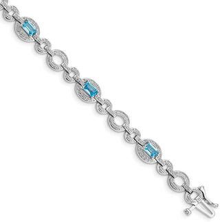 7" Sterling Silver Rhodium-plated Diamond & Light Swiss Blue Topaz Oval Bracelet