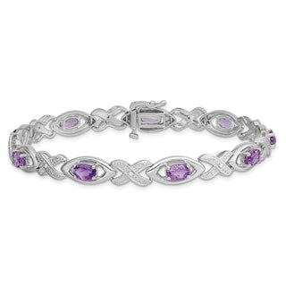 7.5" Sterling Silver Rhodium-plated Diamond & Amethyst Bracelet