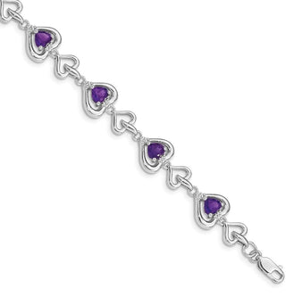 7" Sterling Silver Rhodium-plated Diamond & Heart Link Amethyst Bracelet
