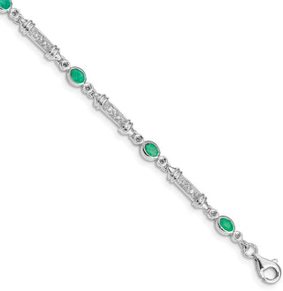 7" Sterling Silver Rhodium-plated Emerald and Diamond Bracelet QX855E
