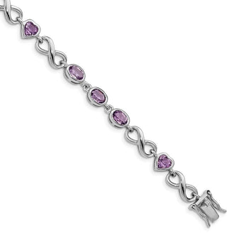 7" Sterling Silver Rhodium-plated Oval Heart Amethyst Bracelet