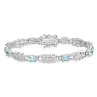 7" Sterling Silver Rhodium-plated Aquamarine & Diamond Bracelet