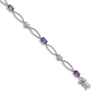 7" Sterling Silver Rhodium-plated Diamond & Amethyst Oval Textured Bracelet