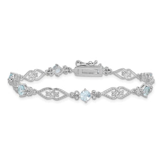 7" Sterling Silver Rhodium-plated Diamond Aquamarine Bracelet