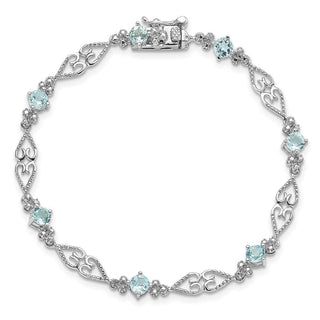 7" Sterling Silver Rhodium-plated Diamond Aquamarine Bracelet