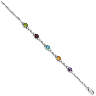 7.5" Sterling Silver Rhodium-plated Multicolor Gemstone & Diamond Bracelet