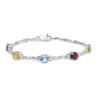 7.5" Sterling Silver Rhodium-plated Multicolor Gemstone & Diamond Bracelet