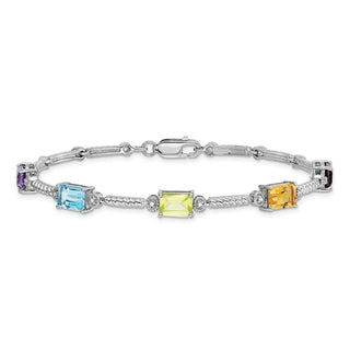 7.5" Sterling Silver Rhodium-plate Multicolor Gemstone & Diamond Tennis Bracelet
