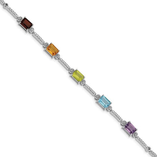 7.5" Sterling Silver Rhodium-plate Multicolor Gemstone & Diamond Tennis Bracelet
