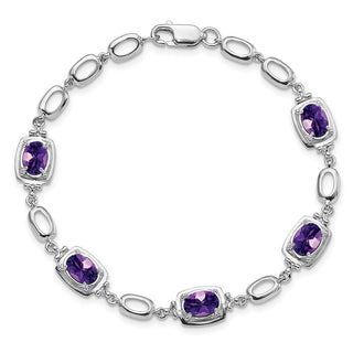 7.5" Sterling Silver Rhodium-plated Amethyst Link Bracelet