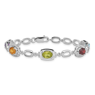 7.5" Sterling Silver Rhodium-plated Multicolor Gemstone Link Bracelet