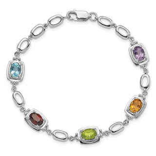 7.5" Sterling Silver Rhodium-plated Multicolor Gemstone Link Bracelet