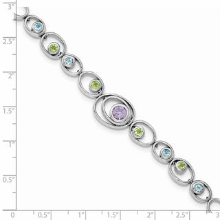 7.25" Sterling Silver Rhodium-plated Peridot, Blue Topaz & Amethyst Bracelet