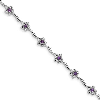 7.5" Sterling Silver Rhodium-plated Floral Amethyst Bracelet