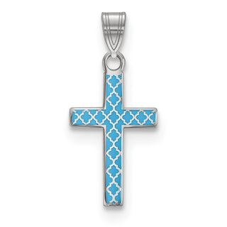 925 Sterling Silver Blue Enameled Cross Hatch Cross Pendant