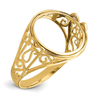 14k Yellow Gold Ladies Polished Wire Curl Filigree 13.0mm Coin Bezel Ring - Fits 2 Pesos and US $1