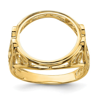 14k Yellow Gold Ladies Polished Wire Curl Filigree 14.0mm Coin Bezel Ring - Fits 1/20 oz Maple Leaf and Other Coins
