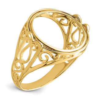 14k Yellow Gold Ladies Polished Wire Curl Filigree 14.0mm Coin Bezel Ring - Fits 1/20 oz Maple Leaf and Other Coins