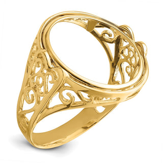14k Yellow Gold Ladies Polished Wire Curl Filigree 15.0mm Coin Bezel Ring - Fits US $1 Type 2
