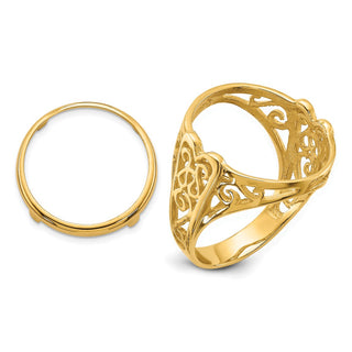 14k Yellow Gold Ladies Polished Wire Curl Filigree 16.5mm Coin Bezel Ring - Fits 1/10 oz American Eagle and 1/10 oz Krugerrand