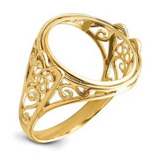 14k Yellow Gold Ladies Polished Wire Curl Filigree 17.8mm Coin Bezel Ring - Fits US $2.50 Liberty and Other Coins