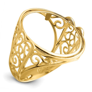 14k Yellow Gold Ladies Polished Wire Curl Filigree 19.5mm Coin Bezel Ring - Fits 1 Rand, 10 Mark Friedrich, and Half Sovereign