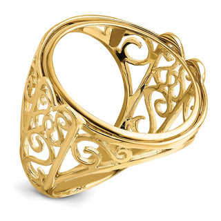 14k Yellow Gold Ladies' Polished Wire Curl Filigree 22.0mm Coin Bezel Ring - Fits 1/4 oz American Eagle and Other Coins