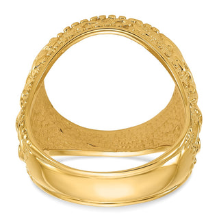 10k Yellow Gold Mens Polished and Textured Fancy Filigree Design 16.5mm Coin Bezel Ring - Fits 1/10 oz American Eagle and 1/10 oz Krugerrand