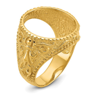 14k Gold Mens Polished & Textured Fancy Filigree Design 16.5mm Coin Bezel Ring - Fits 1/10 oz American Eagle and 1/10 oz Krugerrand
