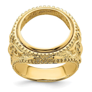 14k Gold Mens Polished & Textured Fancy Filigree Design 16.5mm Coin Bezel Ring - Fits 1/10 oz American Eagle and 1/10 oz Krugerrand